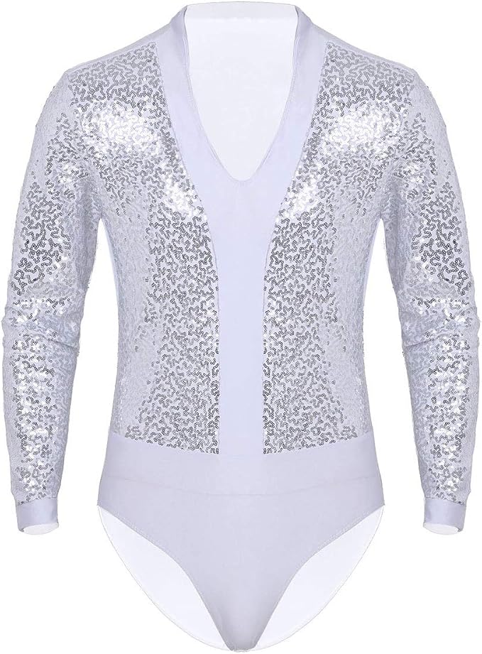 Justaucorps Danse Latine Homme - Manches Longues, Strass, Maille Transparente, Boutons Pression, Tailles M à 3XL