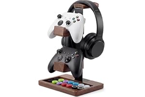 Headset Stand with Dual Game Controller Holder,Wooden Gaming Headphone Stand with Storage Base, Gaming Equipment Accessories 