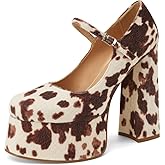 Perisis Women's Dressy Platform Chunky High Heels Patent Leather Ankle Strap Closed Toe Heeled Mary Jane Pumps Shoes