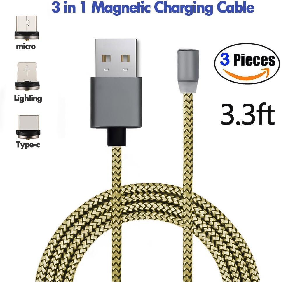 DDtou 3-in-1 Magnetic Lighting USB Charging and Data Transmission Cable Type C Nylon Braided Sync Cord with High Speed Data Transfer for iOS Android Systems (Gold)