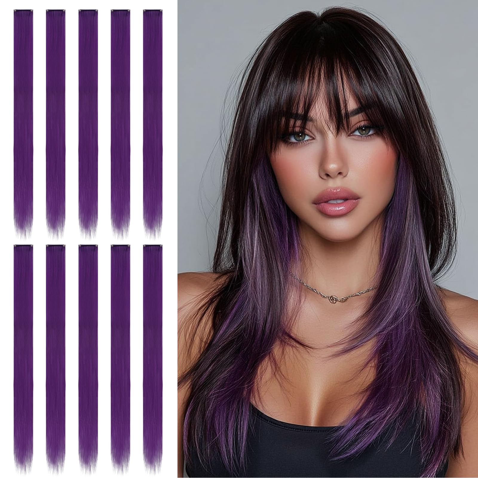 Sofeiyan Colored Hair Extensions Straight Hairpiece 22 Inch 10 Pcs Colorful Clip in Hair Extensions Synthetic Colored Party Highlights for Women, Purple — image 1