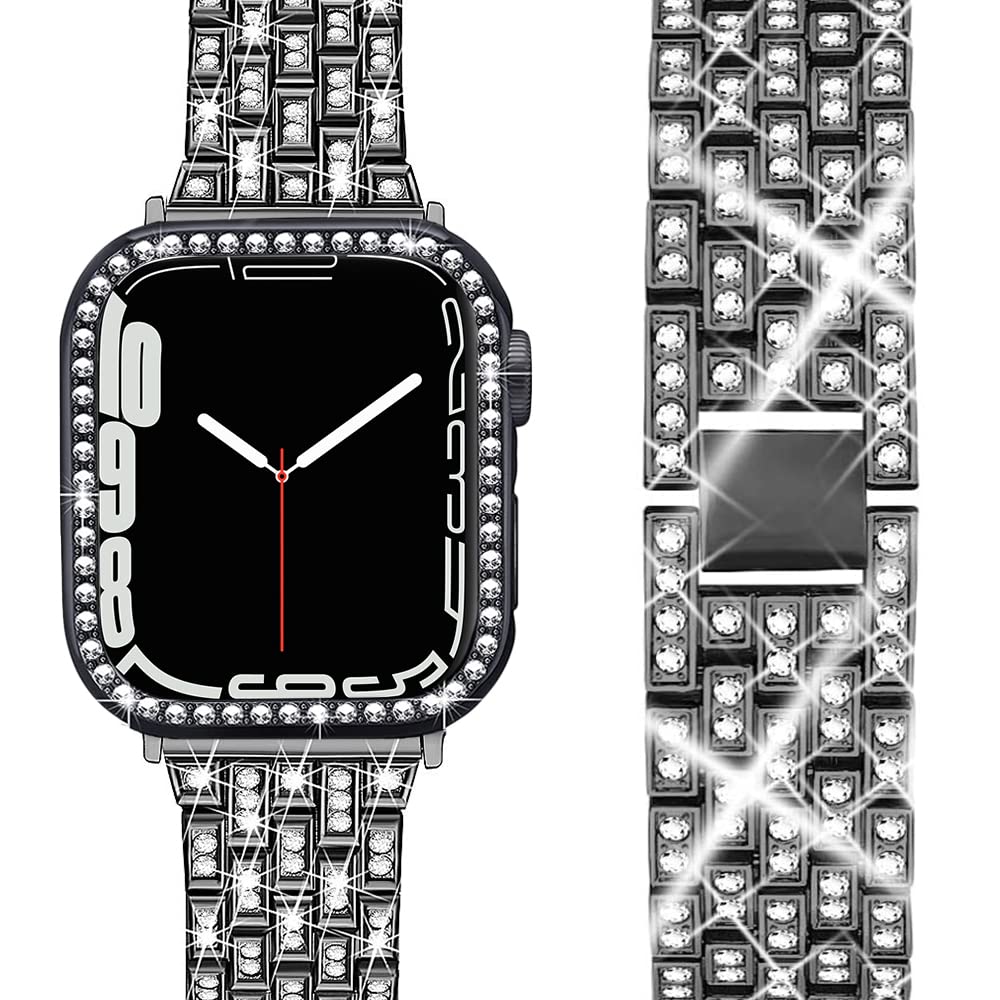 Miimall Bracelet Compatible with Apple Watch Series 7 41 mm 45 mm, Bling Women's Crystal Rhinestone Protective Case with Adjustable Stainless Steel Metal Bracelets for Apple Watch 41 mm, Black