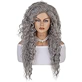 GNIMEGIL 28 Inches Long Grey Cosplay Wig Women Natural Wavy Fluffy Curly Hair Synthetic Fiber Girls Dark Gray Wig Halloween Costume Witch Wigs Victorian Ghost Cosplay