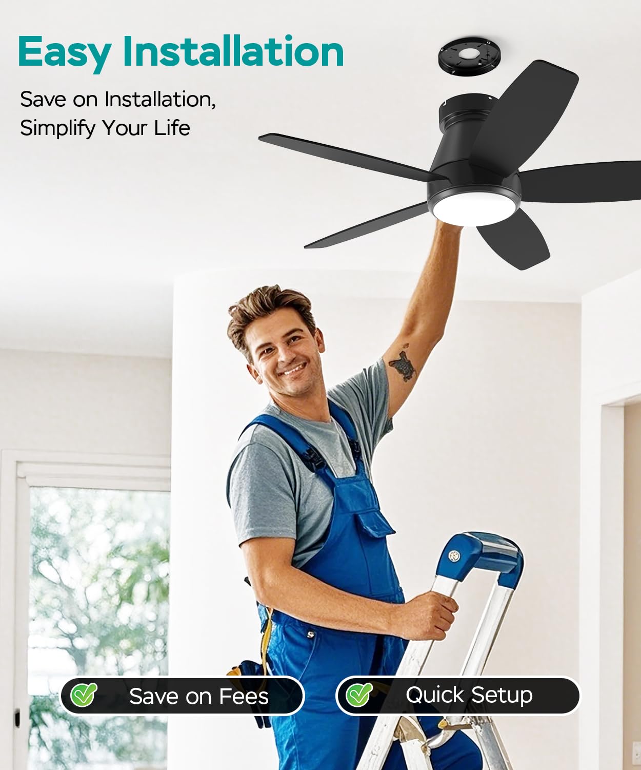 Ceiling Fans with Lights, 42 inch Ceiling Fans with Lights and Remote, Dimmable, Noiseless, Low Profile Ceiling Fan with Light for Bedroom, Indoor and Outdoor Use(Black)