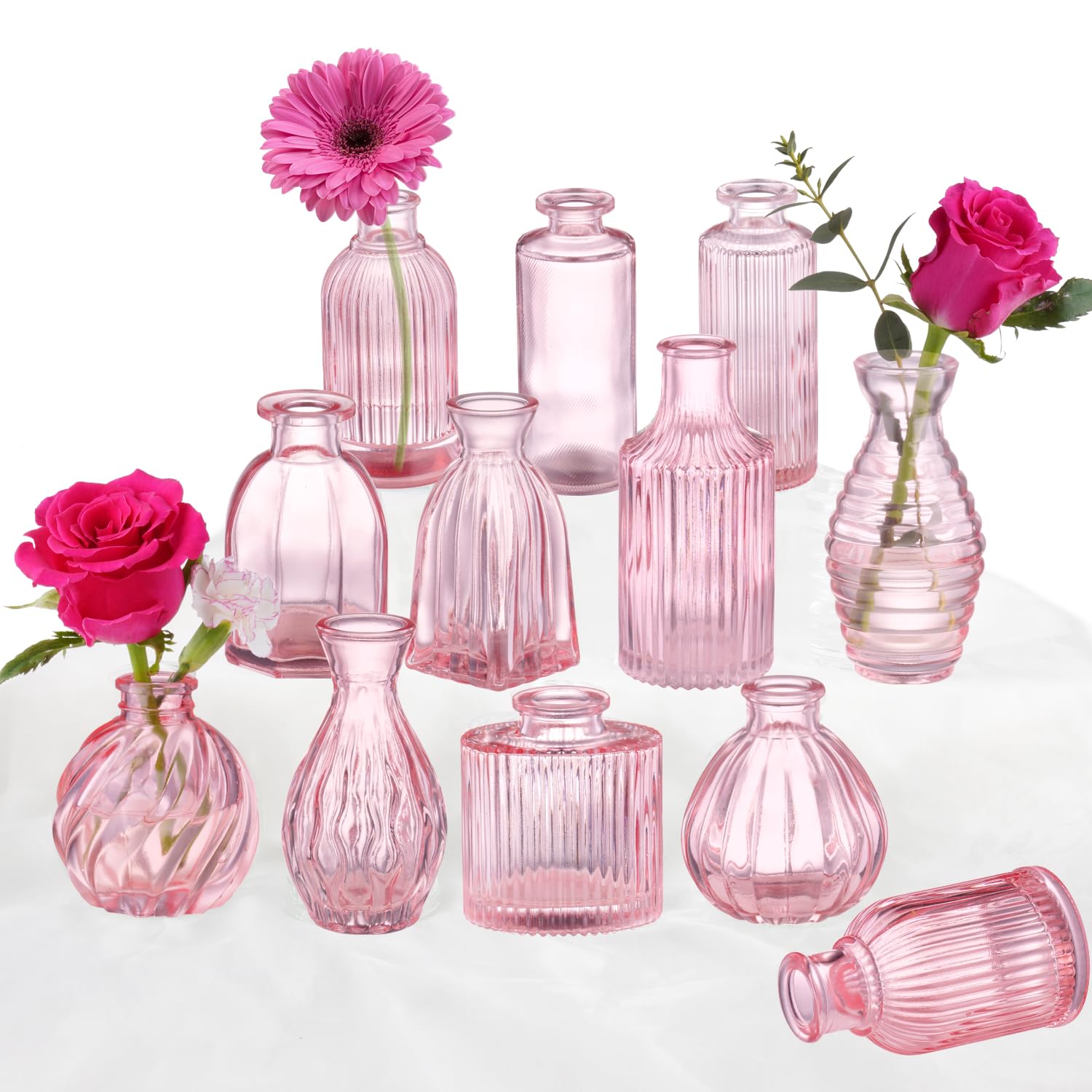 Photo 1 of Pink Vase,  Vases Set of 12, Small Pink Glass Vases for Flowers Modern Ribbed Glass Bud Vase for Decor Wedding Flower Vase in Bulk Vintage Decor Bridal Shower Centerpieces Home Table Decoration