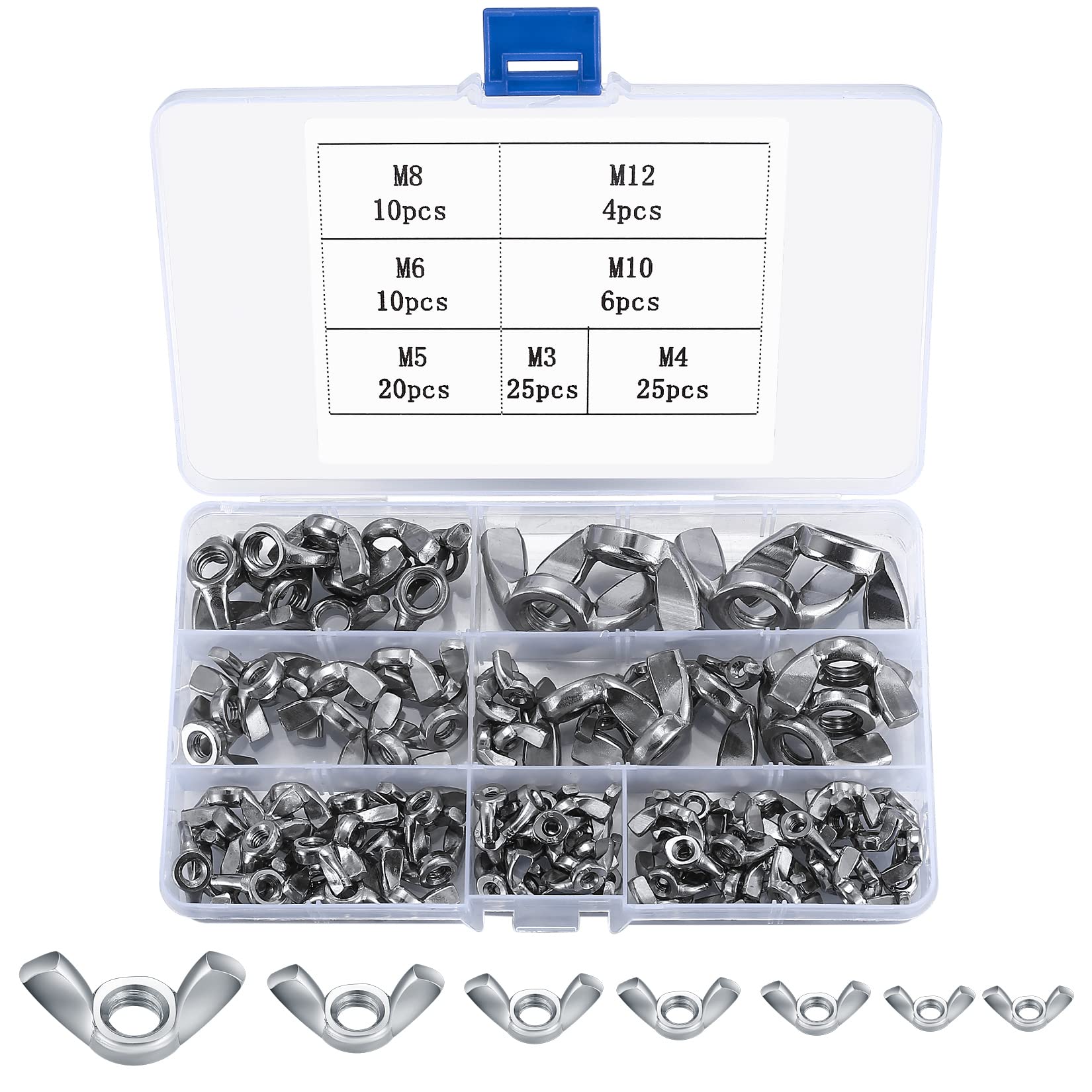 100 Pcs Wing Nuts Assortment Kit, Stainless Steel Wingnuts, Butterfly Nuts Wing Nut Sets for DIY Tools, Electronic Devices Hardware, M3/M4/M5/M6/M8/M10/M12