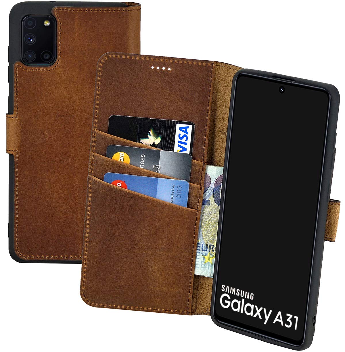 Book-style case compatible with Samsung Galaxy A31 leather case (slim-fit) leather case mobile phone case protective case with 3 card slots in antique coffee