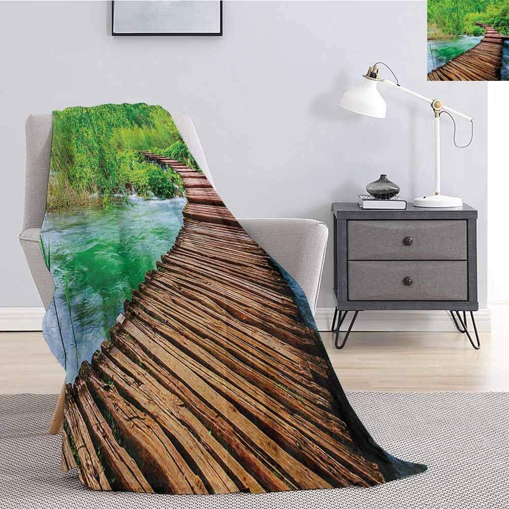 Tr.G Landscape Children's Blanket Nostalgic Hand Made Oak Pathway Over The Creek Water Heads into South Europe Lightweight Soft Warm and Comfortable W70 x L70 Inch Green Brown