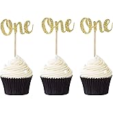 Pack of 24 One Cupcake Toppers Gold Glitter First Birthday Cake Picks Anniversary Party Decors