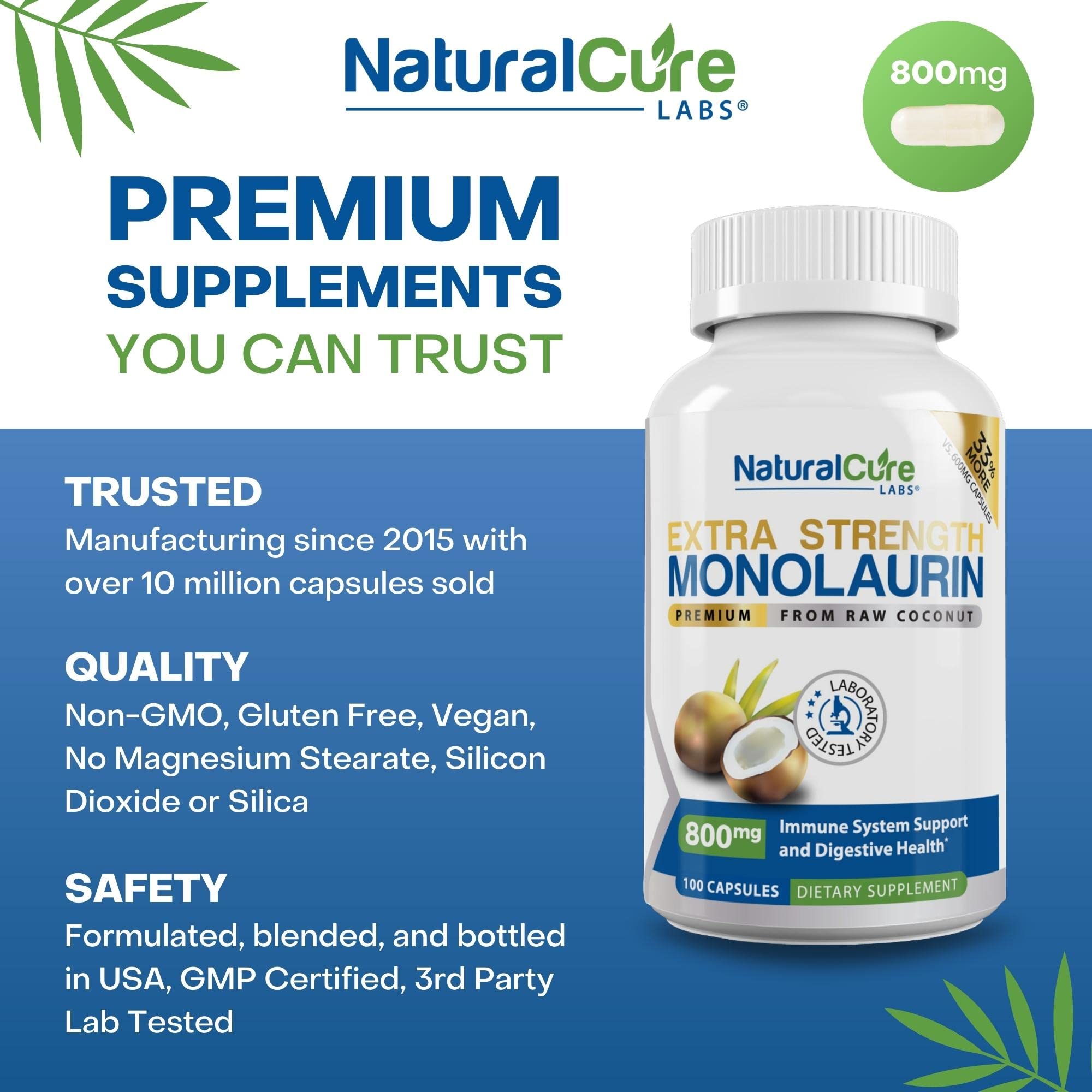 Natural Cure Labs Extra Strength Monolaurin 800mg, 100 Capsules, 33% More