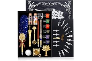 TIANREN Quill Feather Dip pen set with 6 bottles of ink,Antique Calligraphy Pen,Fountain Dip Pen,Wooden Dip Pen,Glass Dip Pen,Wax Seal Stamp Kits Christmas Gift for Men&Women(Blue)
