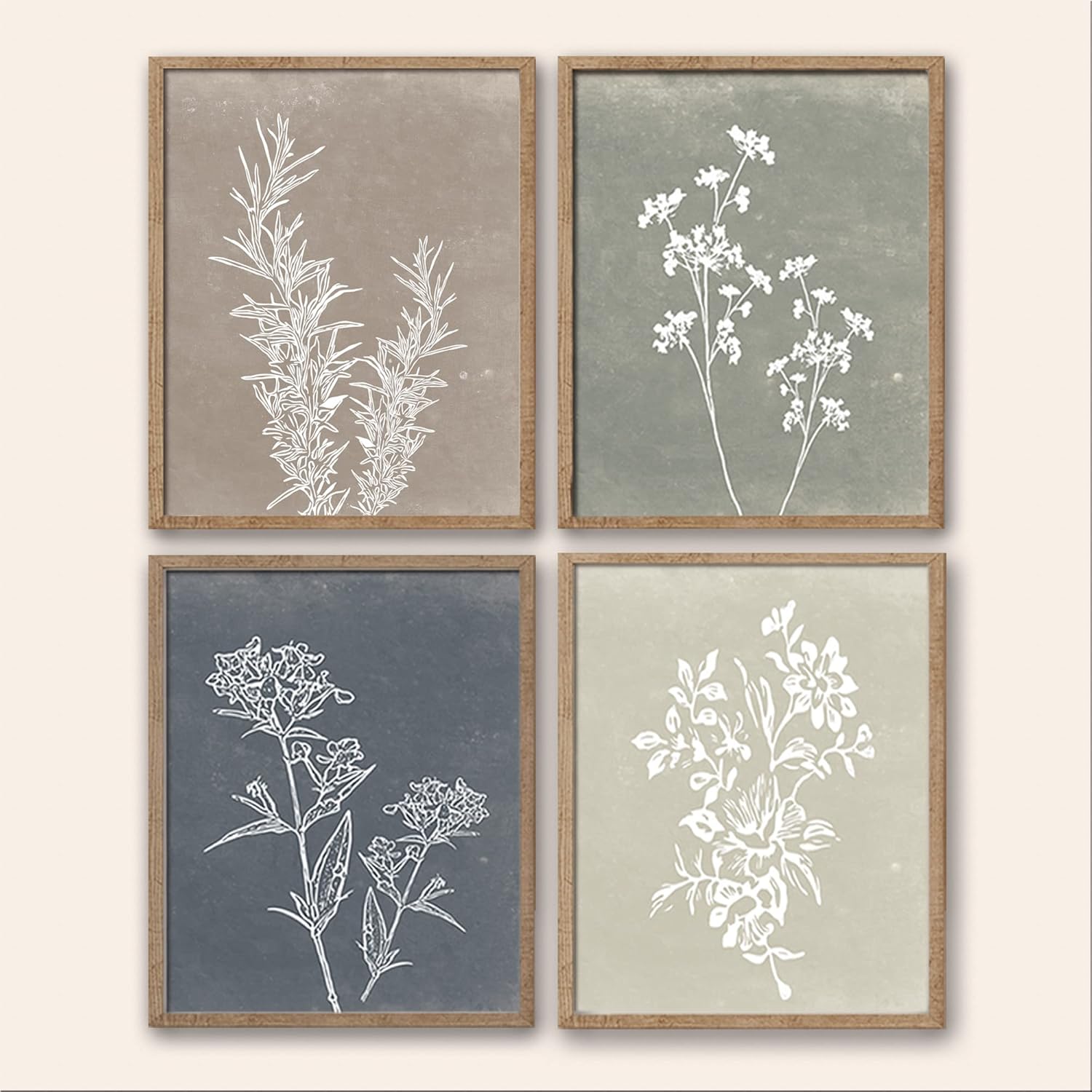 Wall Décor - Framed Boho Wall Art Set of 4 for Wooded Minimalist Botanical Print Wall Art for Rustic Vintage Farmhouse Home Kitchen Wall Decor (Brown, 11x14)