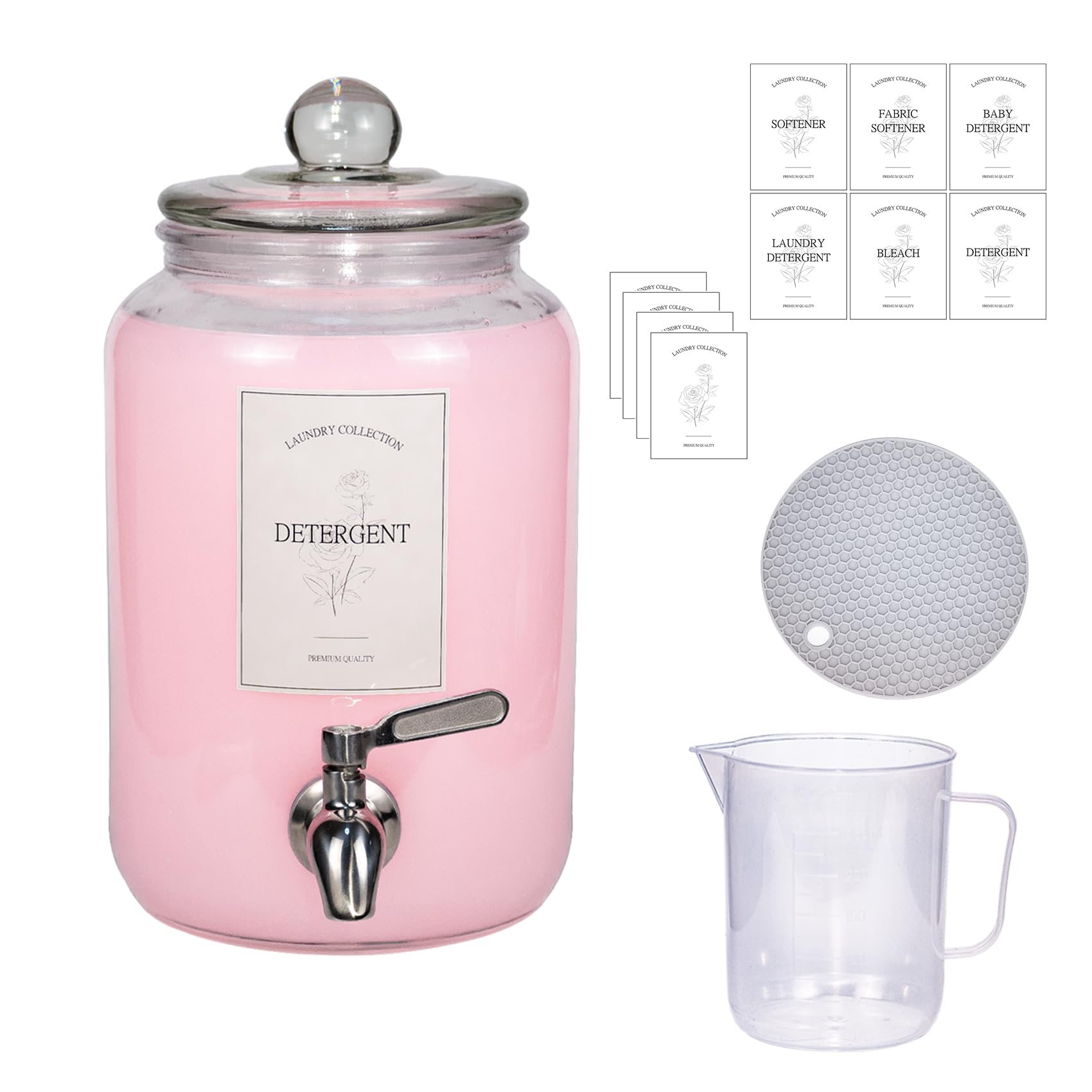 Photo 1 of Large Liquid Laundry Detergent Dispenser with Spigots and Measuring Cups,108oz Leak-Proof Glass Fabric Softener,Reusable Glass Detergent Dispenser for Laundry Room Organizer and Storage(1)