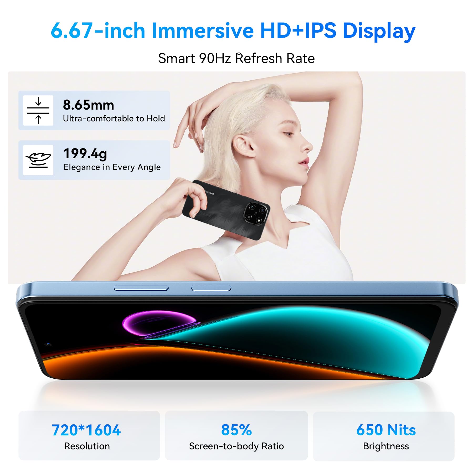 Blackview Color 6 Unlocked Mobile Phones, (2025) Newest, 24GB+128GB/2TB, 50MP+13MP AI Camera, 5000mAh/18W, Dual SIM Smartphone, 4G Android 15 Smart Phone, 5G WiFi/OTG/GPS, Fingerprint/Face ID, Black