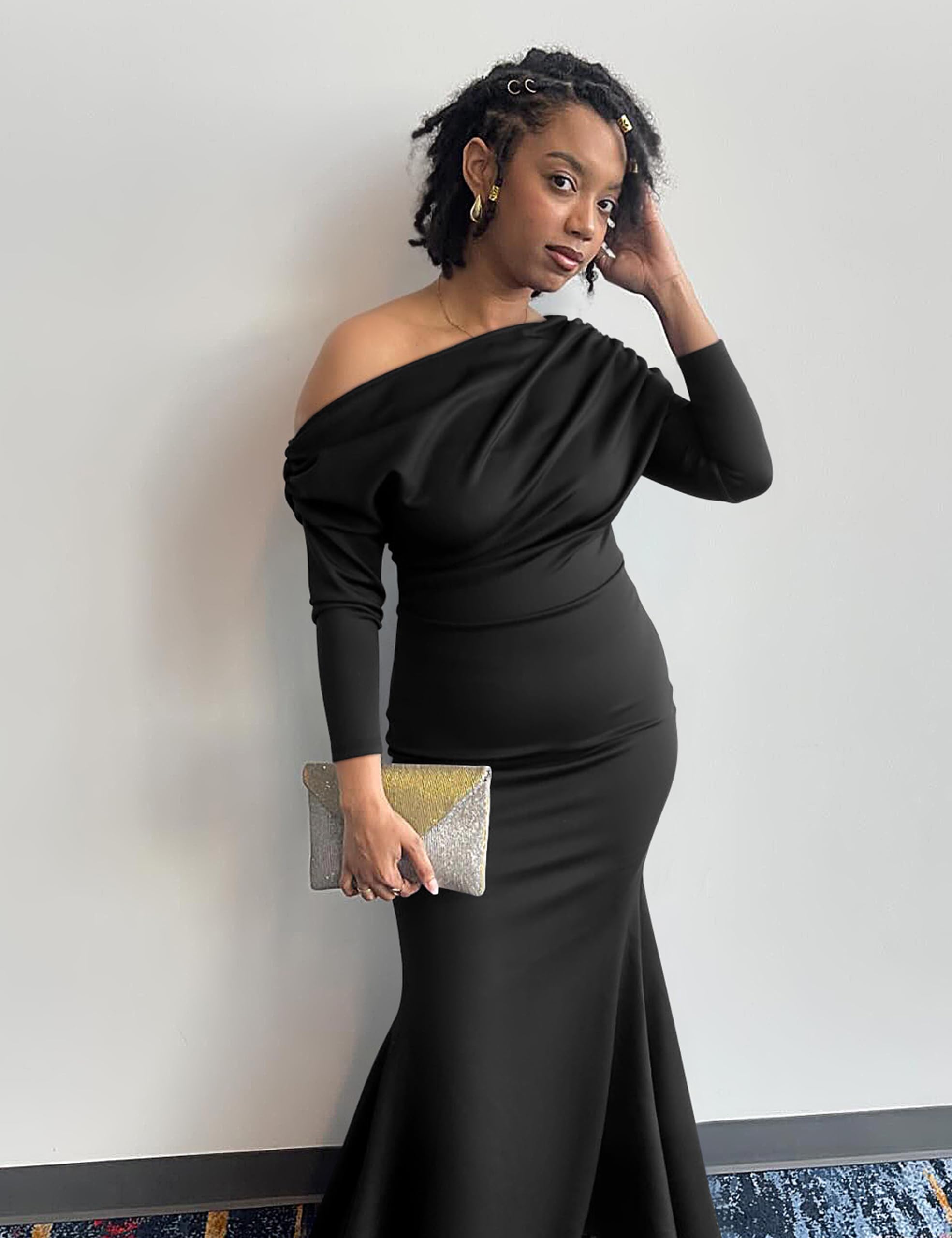 YMDUCH Women's Sexy Elegant Long Sleeve Off Shoulder Bodycon Long Evening Formal Dress