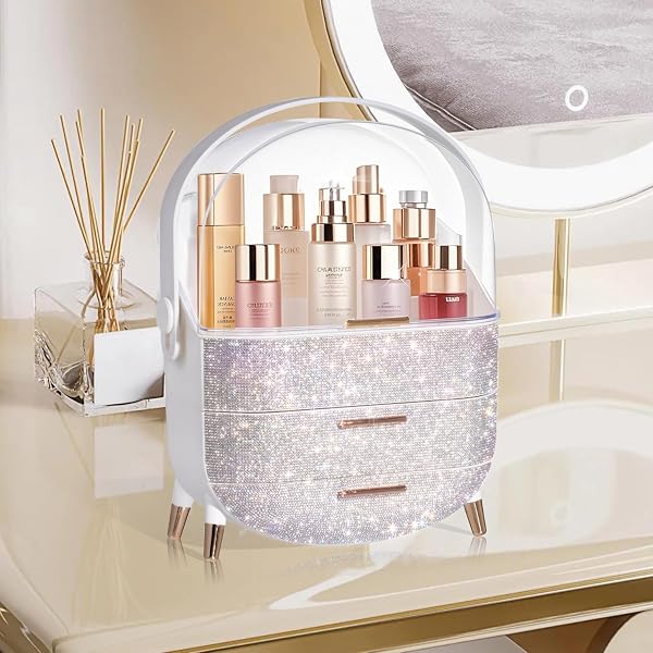 MASSY EGG SHAPE(OVAL) MAKEUP STORAGE BOX, COUNTERTOP PORTABLE VANITY COSMETICS ORGANIZER PREPPY STYLE (RHINESTONE WHITE)