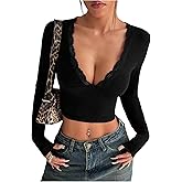 SOLY HUX Women's Lace Deep V Neck T Shirt Long Sleeve Slim Fitted Tee Going Out Crop Tops