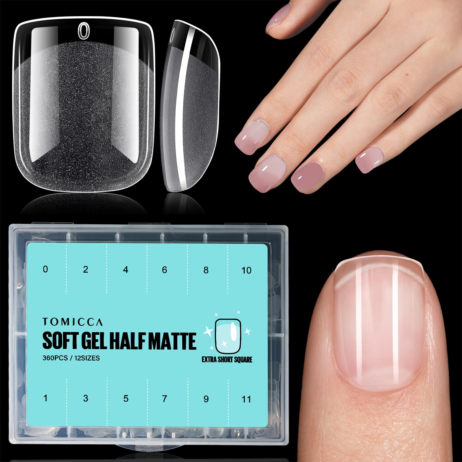 TOMICCA Square Shaped Extra Short Nail Tips - 360PCS Half Matte Soft Gel, No File Needed- Full Cover False Nails, Clear Acrylic & Strong Tips for Press On Extension - 12 Sizes — image 1