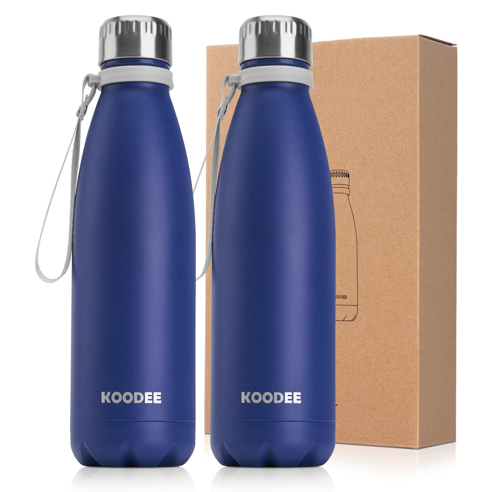 koodee Stainless Steel Water Bottle, 2 Pack 17 oz/500 ml Insulated Water Bottle, Double Wall Vacuum Sports Water Bottle, for School, Fitness, Running-PBA Free