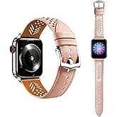 Hollow-out Handmade Top Grain Leather Band for Apple Watch Women Men, Breathable Lightweight Soft Strap Compatible with Series 11/10/9/8/7/6/5/4/SE SE2 Ultra 38/40/41/42/44/45/49mm