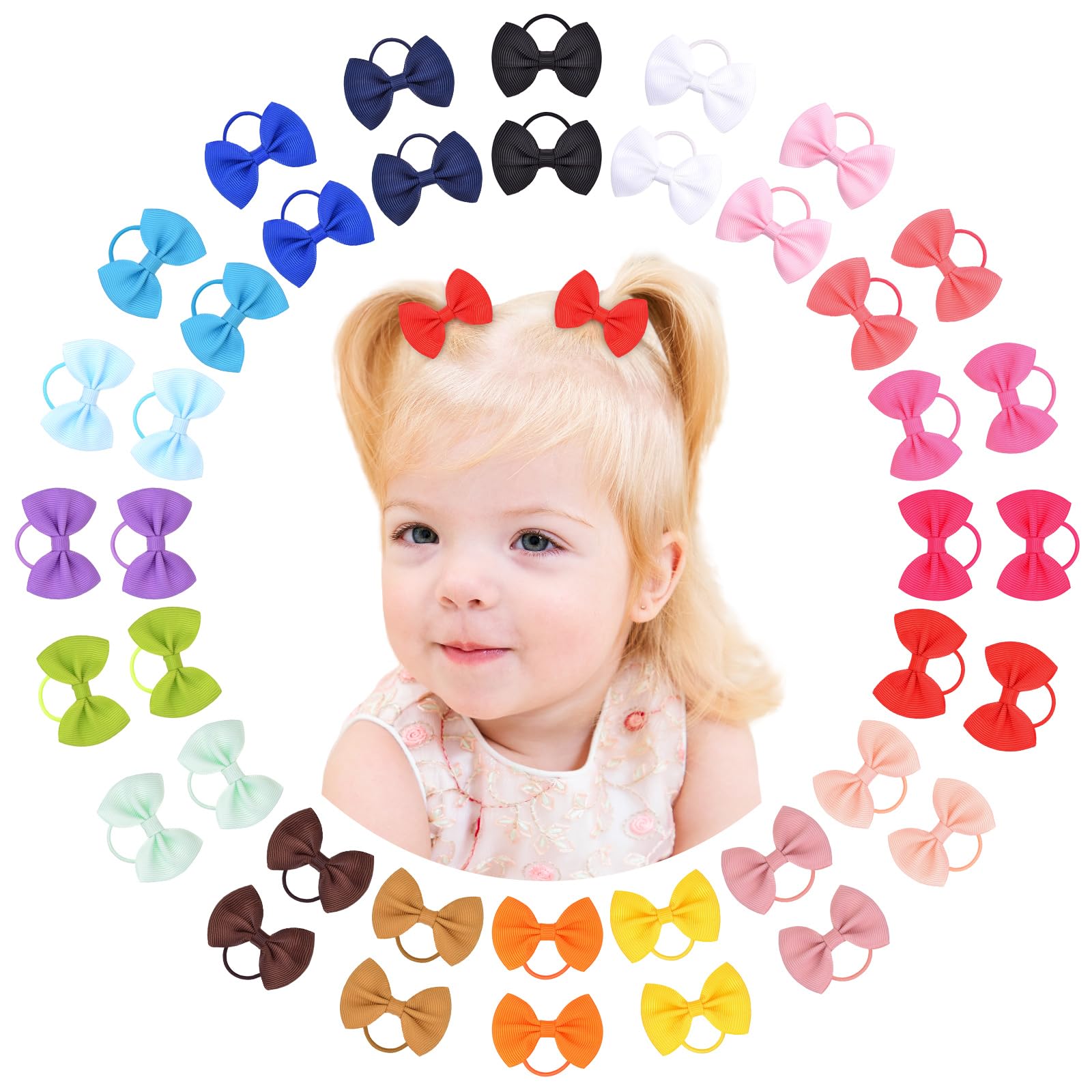 Jollybows 40PCS 2 Inches Baby Girls Mini Hair Bows Ties Elastic Hair Rubber Band Grosgrain Ribbon Hair Accessories for Kids Toddlers Infants