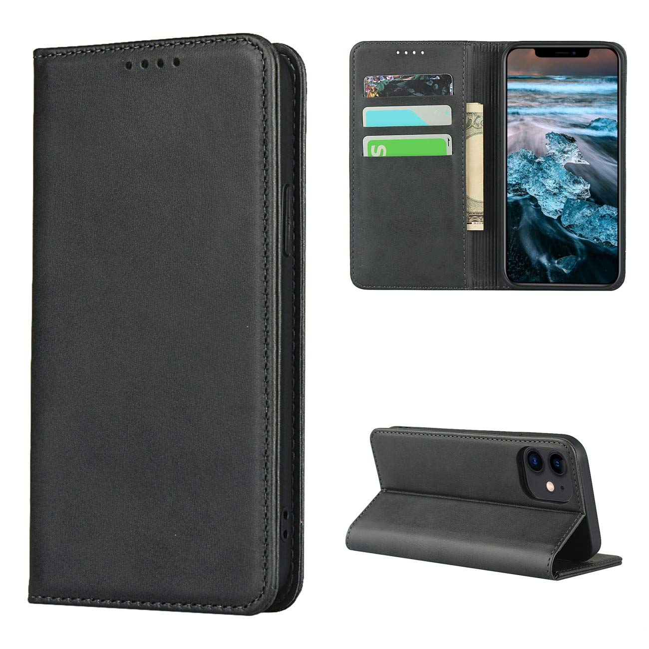 Copmob iPhone 12 Mini Case, Flip Wallet Leather Case [3 Slots] [Magnetic Closure] Flip Case Cover for iPhone 12 Mini – Black