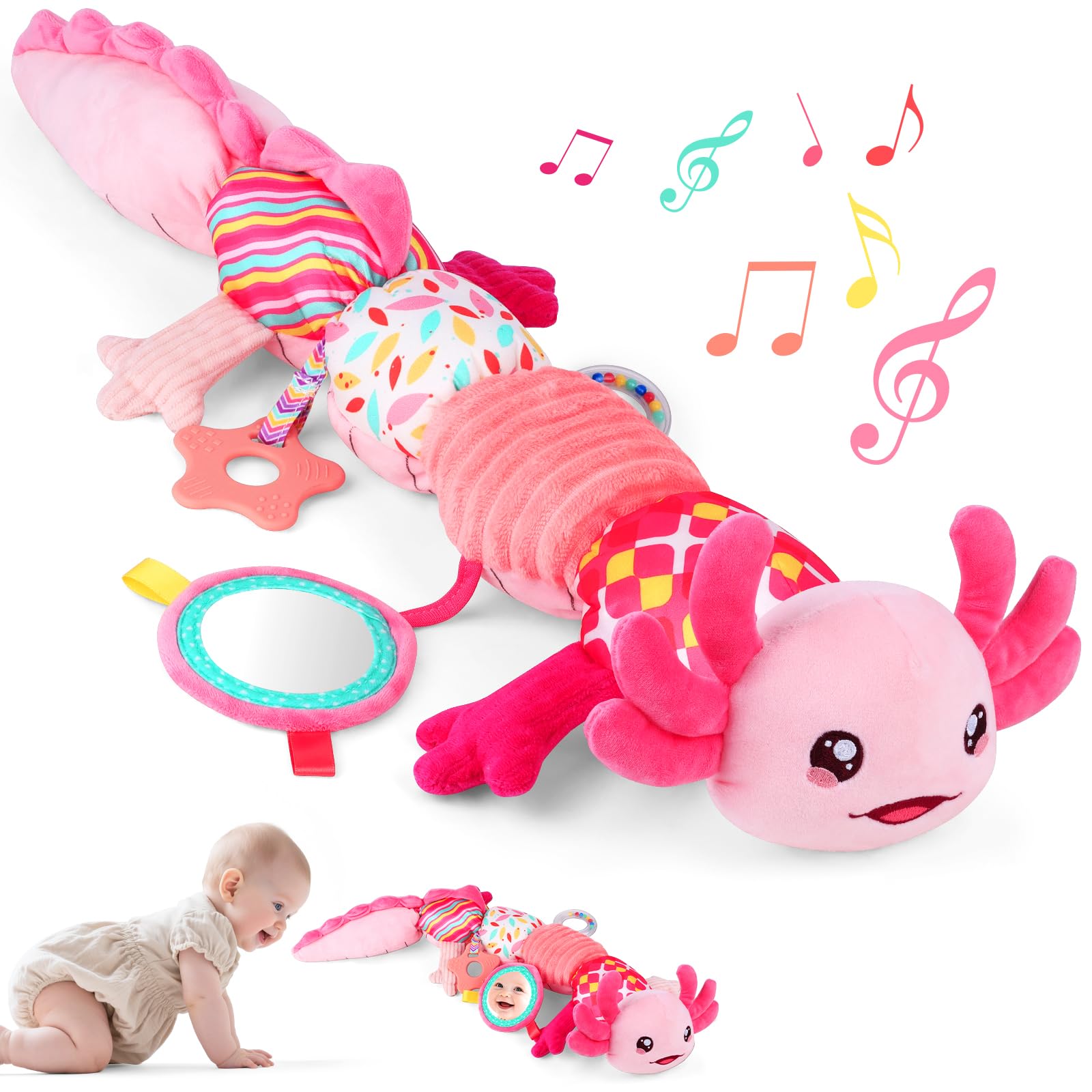 Baby Girls Toys 0-12 Months - Infant Sensory Music Stuffed Animal Toy with Rattle & Mirror Crinkle for Tummy Time, Newborn Essentials 0 3 6 9 12 18 Shower Gifts