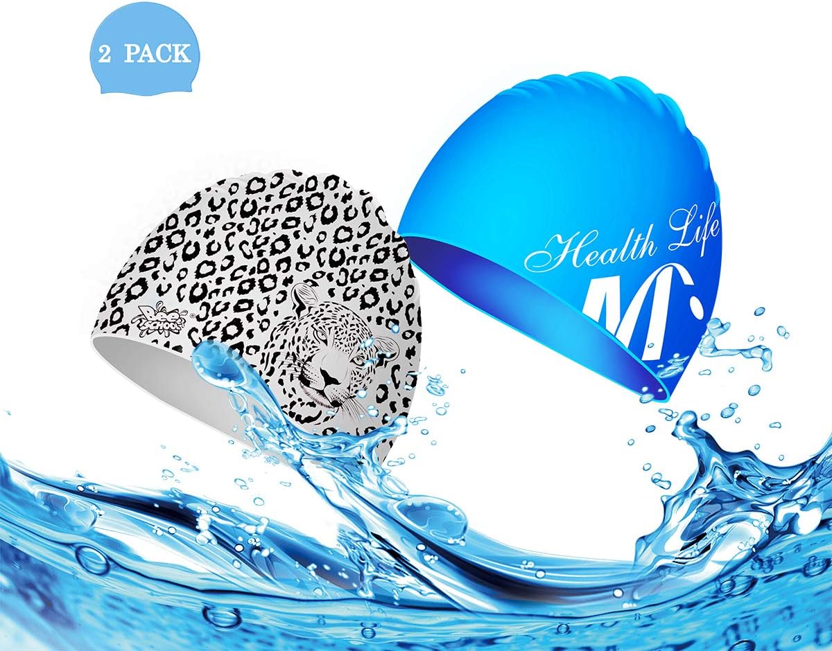 Bee School Silicone Swim Caps, No Leakage Non-Sticky Hair Soft Non-Slip Waterproof Pack of 2 Color Choice Swimming Cap for Men Women Adults Girls Youths Kids