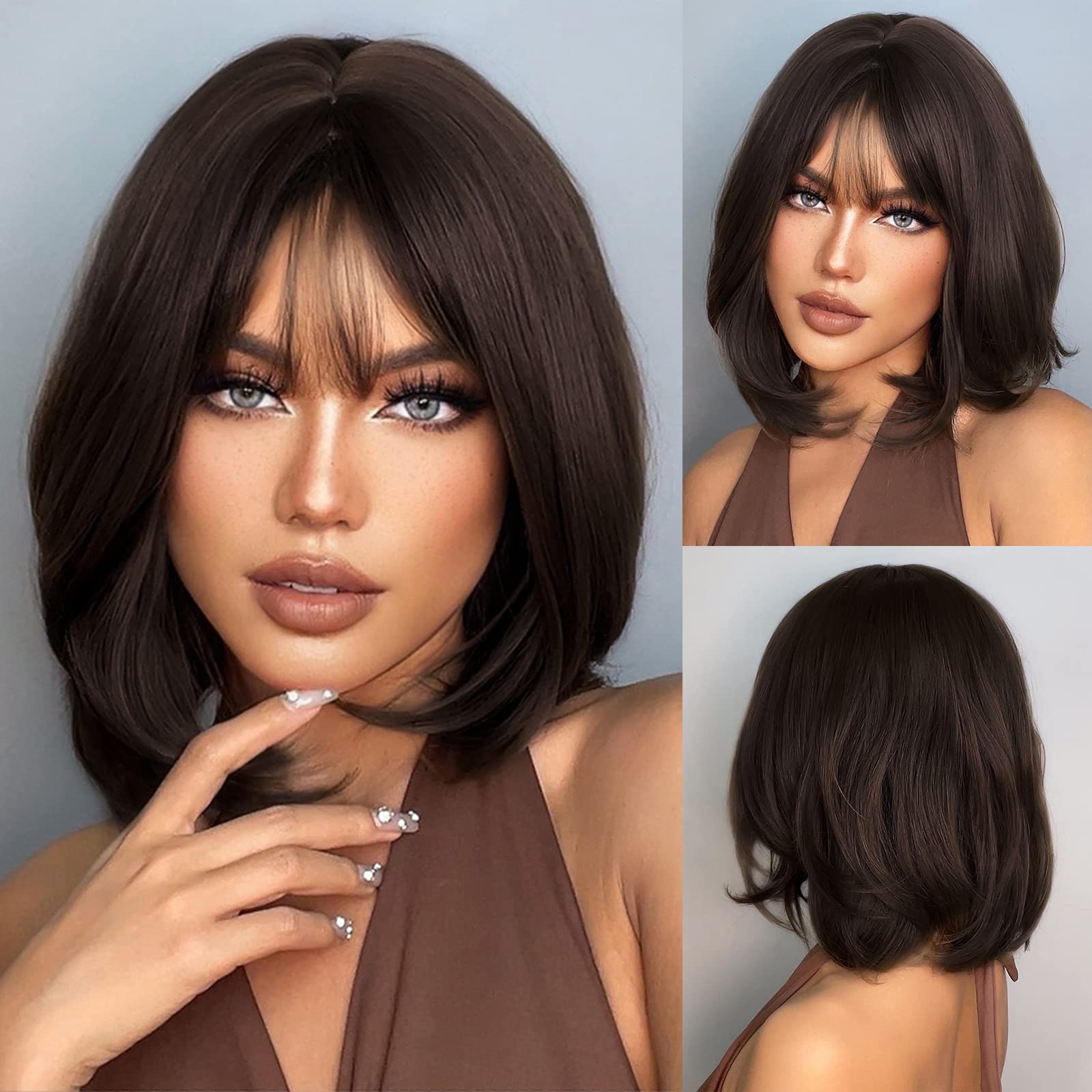 HAIRCUBE Light Wave Short Bob with Bangs Fashion Wigs for Women Nature Heat Resistant Synthetic Fiber Party/Cosplay/Costume/Daily Wig (Dark Brown/Black Tea)