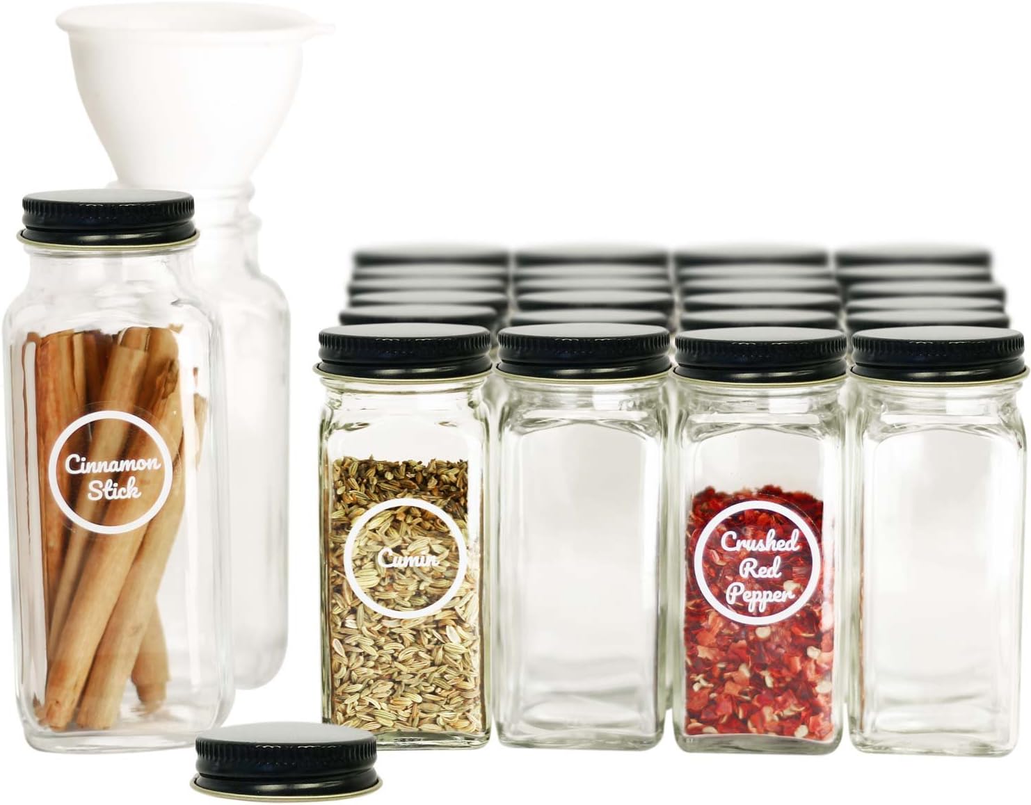 SpiceLuxe Premium Spice Jar Set -26 Empty Square Glass Jars, Black Metal Airtight Lids, 100 Spice Labels, Easy Pour Funnel, and Shaker Tops - Decorative Containers Organize Your Spice Rack or Pantry