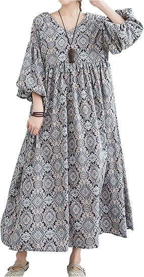 Amazon Co Jp ネコート マキシワンピース レディース エスニック ゆったり 五分袖 バルーン袖 Vネック 切り替え ギャザー リゾート ワンピ マキシワンピ ワンピース ロングワンピース ロング マキシ ロング丈 マキシ丈 リゾートワンピース 大きい おおきい サイズ