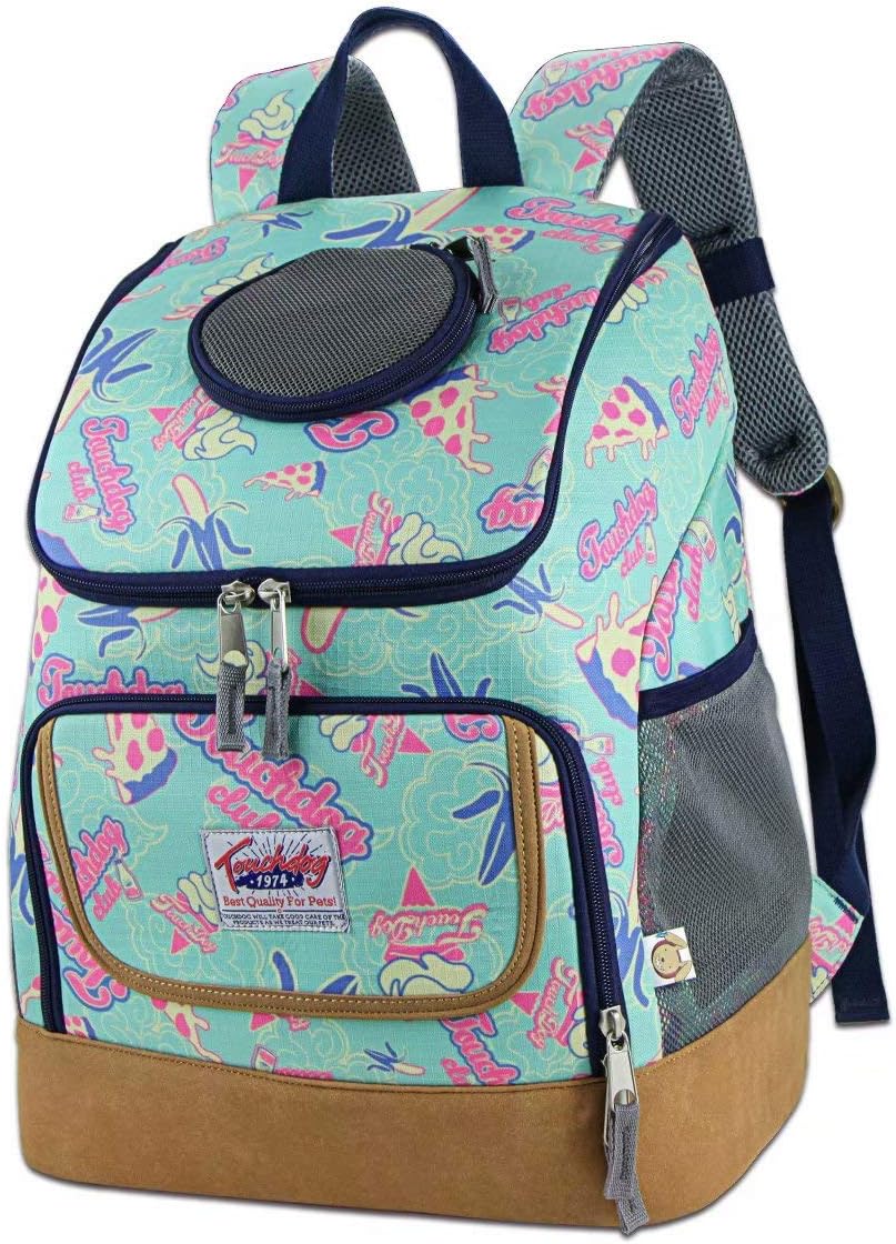 Touchdog Graffiti Art Canvas Fabric Pet Carrier Backpack with Breathable Woven Mesh and Bottom Plate Pink Green