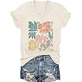 Women's T-Shirts V-Neck Dragonfly Tee Cute Summer Graphic Shirts Vintage Boho Flowers Short Sleeve T Shirt
