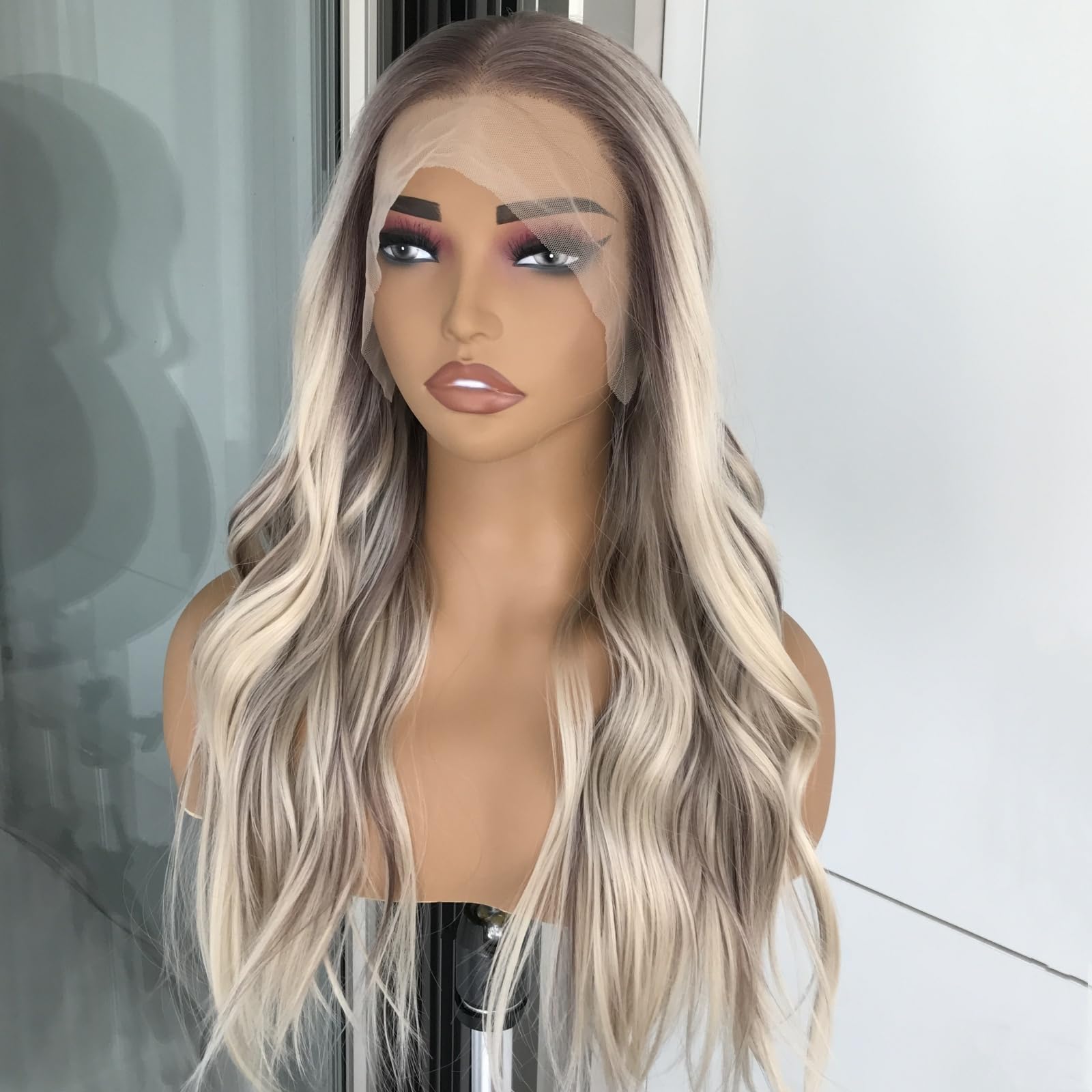 Photo 1 of mytonecoo 13x4 Highlight Lace Front Wigs Synthetic Hair Pre Plucked Glueless Wigs Blonde Mix Brown Colored Body Wave Synthetic Lace Front Wig 22Inch for Women Daily Use