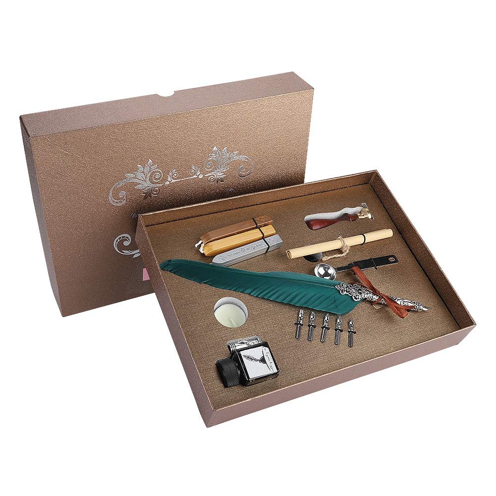 VBESTLIFE Quill Writing Pen, Vintage Retro Calligraphy Feather Dip Pen with 5 Nibs, Wax and Empty Ink Bottle Stationery Gift Box Set(Dark-Green)
