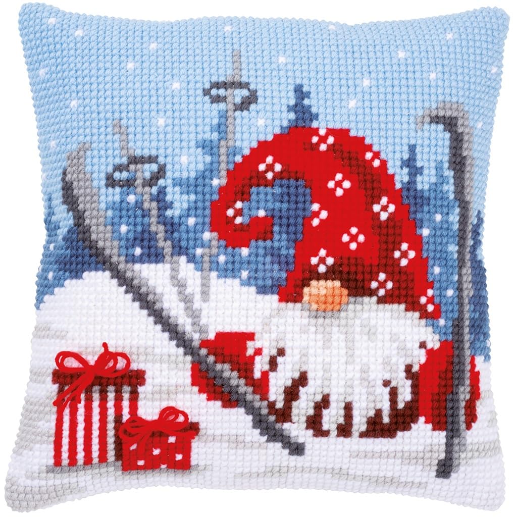 Vervaco Cross Stitch Embroidery Kits Cushion Embroidery Set Beginners Pre-Printed Christmas Gnome on Ski DIY Set Creative Set for Adults 40 x 40 cm Craft Kit Craftsman Home Decoration
