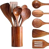 chanseens 6 Piece Wooden Cooking Spoons – Wooden Cooking Utensils Set with Wood Barrel, Teak Non-Stick Kitchen Cookware