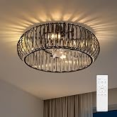 21" Caged Flush Mount Ceiling Fan with Lights, Black Crystal Fandelier | Small low profile ceiling fan With Remote ,7-Blade Reversible Motor, Bedroom, Living room, Vintage Farmhouse Fandelier