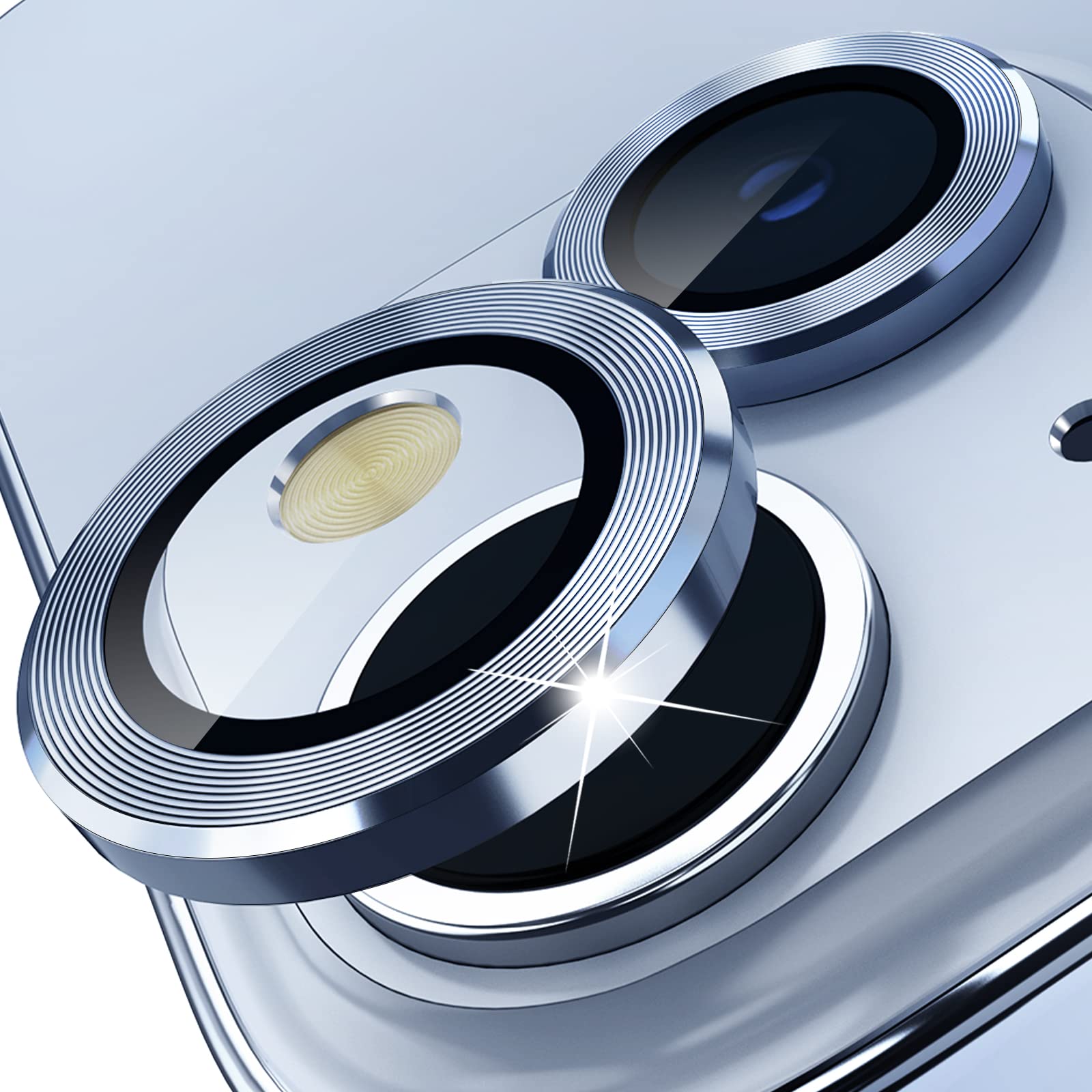 imluckies [Upgraded] Compatible with iPhone 15 14 / iPhone 14 15 Plus Camera Lens Protector, Anti-Scratch HD Tempered Glass Lens Screen Protection Cover, Metal Individual Lens Ring, Light Blue