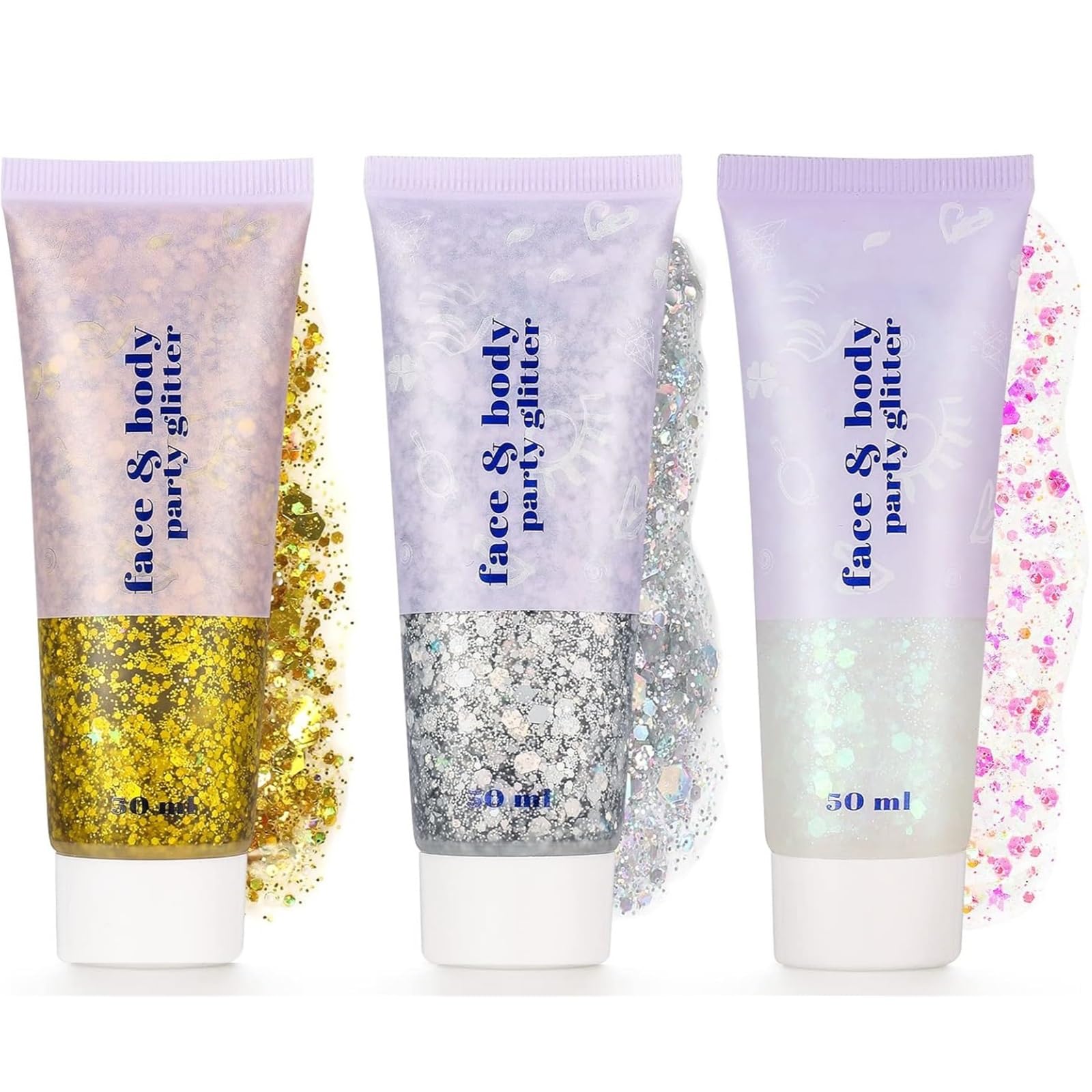Body Glitter Gel Set, Face and Body Gel Sequins Shimmer Liquid Eyeshadow, Mermaid Sequins Liquid Holographic Chunky Glitter Rave Accessories for Eye Hair Nail DIY Art(Gold,Silver,White)