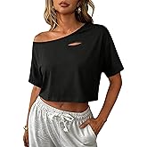 Avanova Women Off The Shoulder Crop Tops Distressed Ripped Short Sleeve Cropped Tee T-Shirt