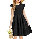 Arshiner Girls Summer Flutter Short Sleeve Sundress Smocked Elastic Waist Tiered Midi Dress with Pockets
