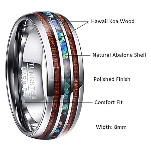 Vakki Tungsten Carbide Ring - 6mm/8mm Men's Wedding Band With Koa Wood & Abalone Shell Inlay