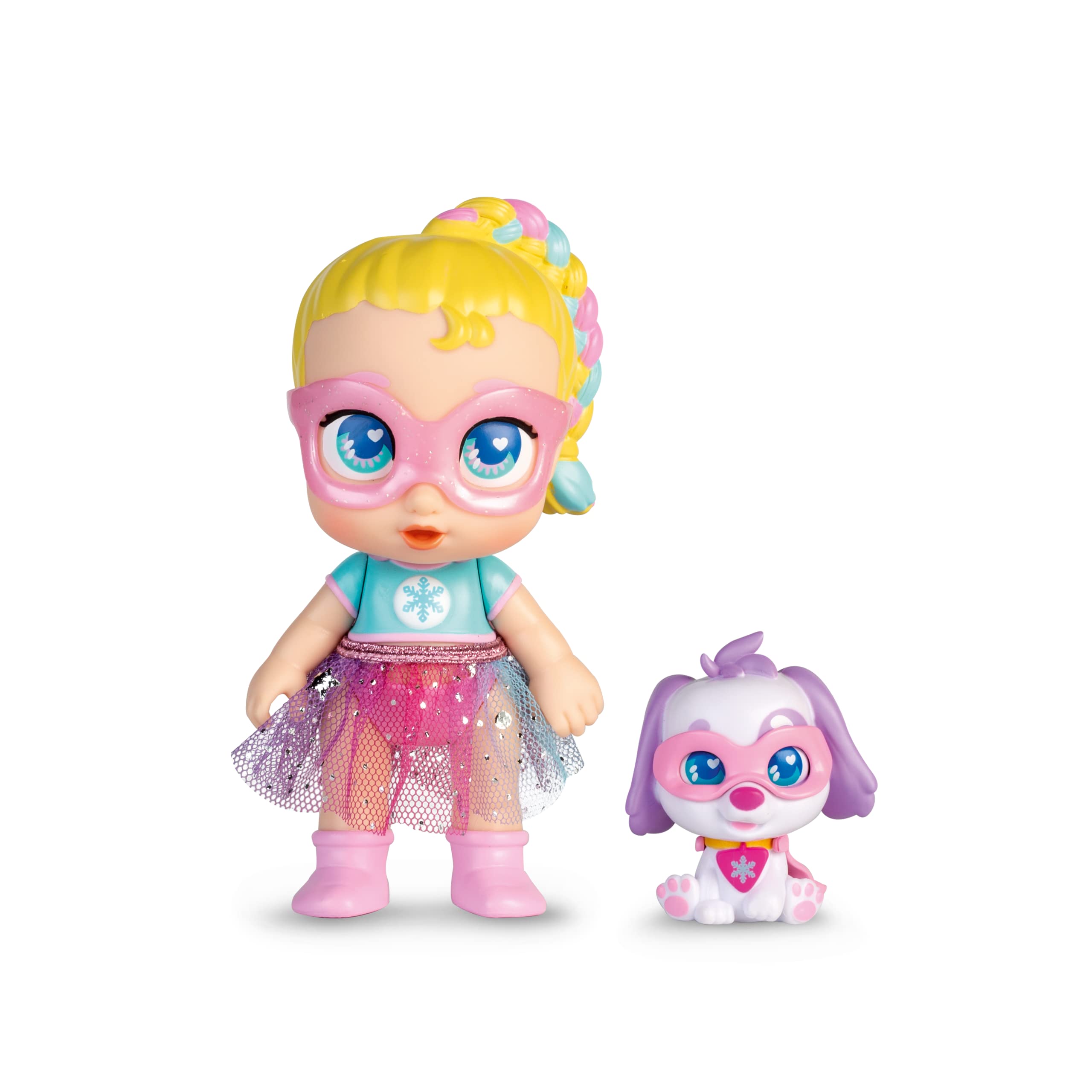 Super Cute Mini Glitzy Cool Doll with Puppy - Regi & Snowball, 12cm articulated doll with puppy, superhero outfits & accessories, suitable for ages 4 years and older