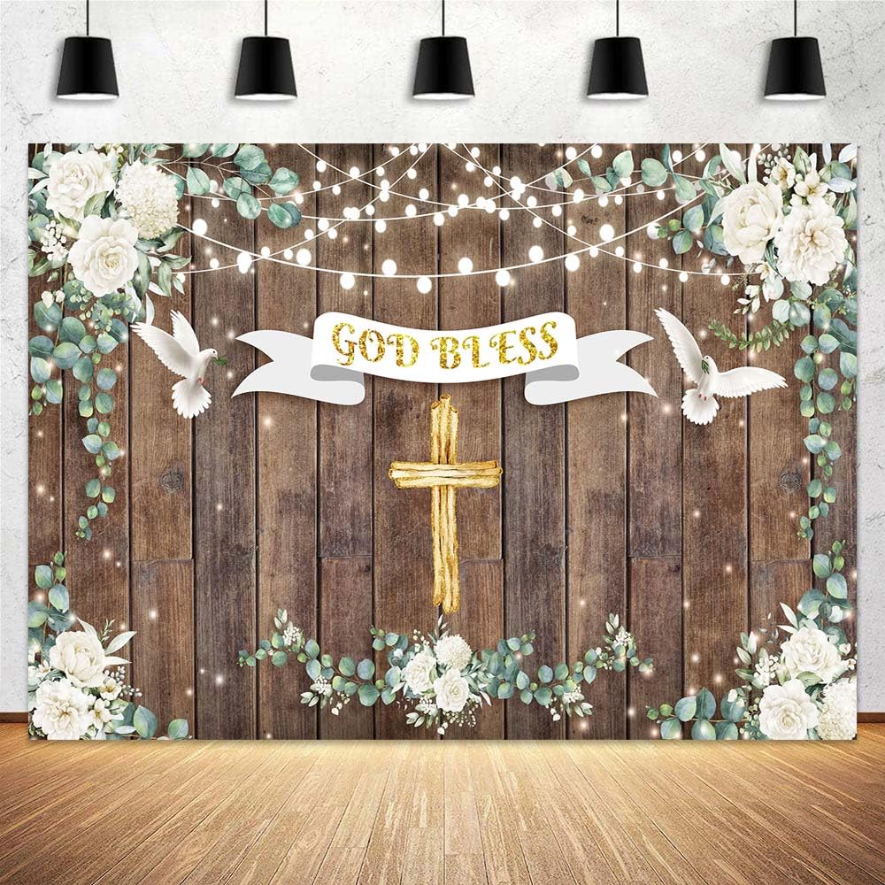 Photo 1 of 10X8ft God Bless Photo Backdrop Photography Background, Mi Primera Comunion First Holy Baptism for Girls Boys Backdrops Photo Booth Prop Decorations Wall Decor Tablecloth