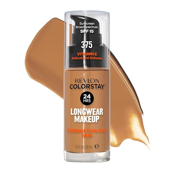 REVLON LIQUID FOUNDATION, COLORSTAY FACE MAKEUP FOR COMBINATION & OILY SKIN, SPF 15, MEDIUM-FULL COVERAGE WITH MATTE FINISH, 375 TOFFEE, 1 FL OZ