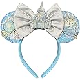 Bolonar Hairband for Women Adult Blue Sequin Mouse Ears Headband with Castle Bows for Park Ears