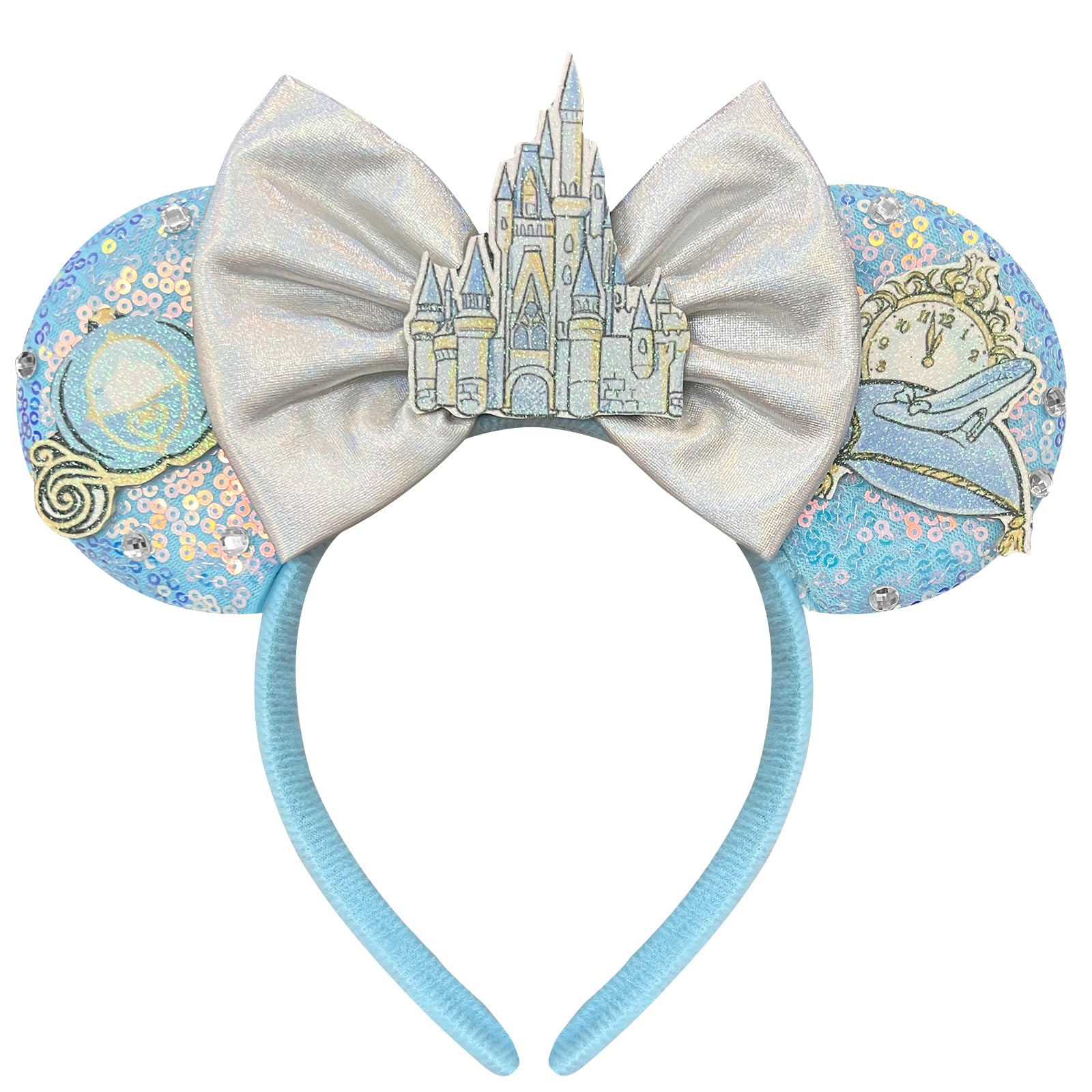 Photo 1 of Bolonar Hairband for Women Adult Blue Sequin Mouse Ears Headband with Castle Bows for Park Ears
