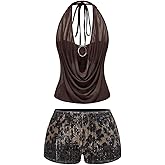 GORGLITTER Women's Two Piece Draped Halter Top Leopard Low Rise Micro Mini Shorts Sets Y2K Party Sexy Clubbing Outfits