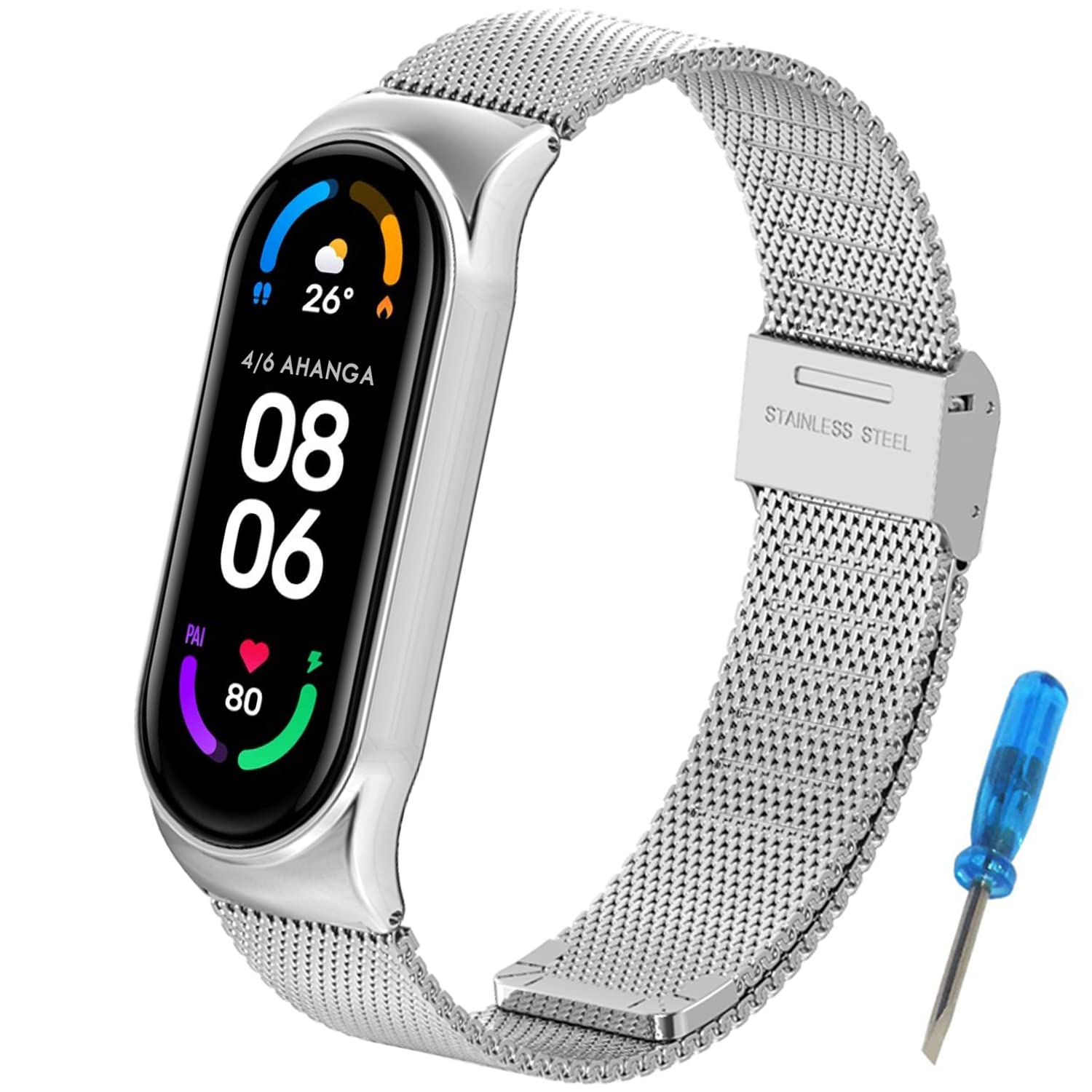 OOHGUT for Xiaomi Mi Band 5 Strap, Metal Bracelet MiBand 4/3 Straps Stainless Steel Wrist Strap Wristband Expandable WatchBand Replacement with a Mini Screwdriver for Mi Band 5/4/3 (No Host)